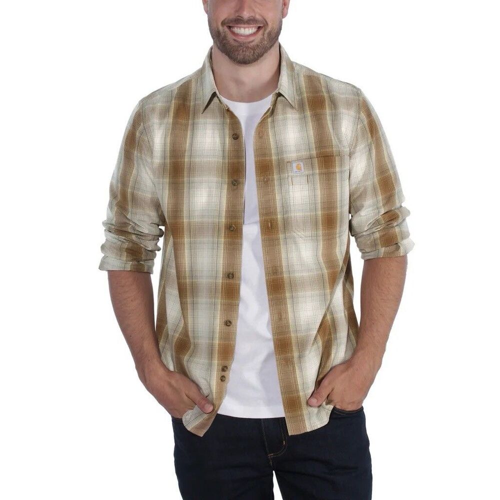 Carhartt Short Sleeve Button Down Cotton Tan Plaid Shirt Size  M Loose Fit